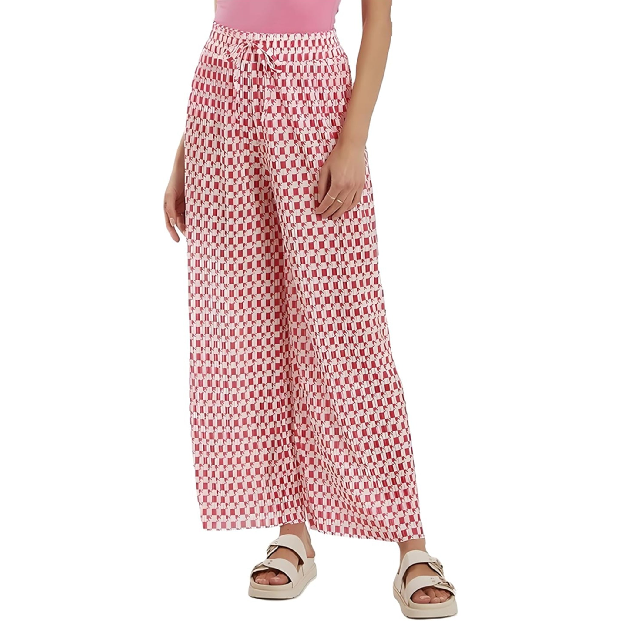 Ladies fuchsia pink and White Check Design Palazzo Trousers – Wide Leg Lightweight Summer Pants